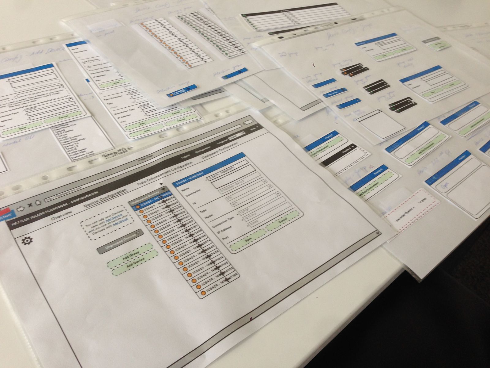 Paper UI mockups from the first Collect+ design phase