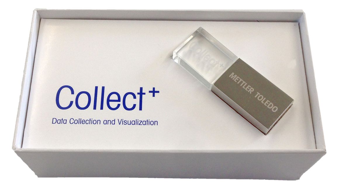 The open Collect+ trial box with the etched-glass USB stick
