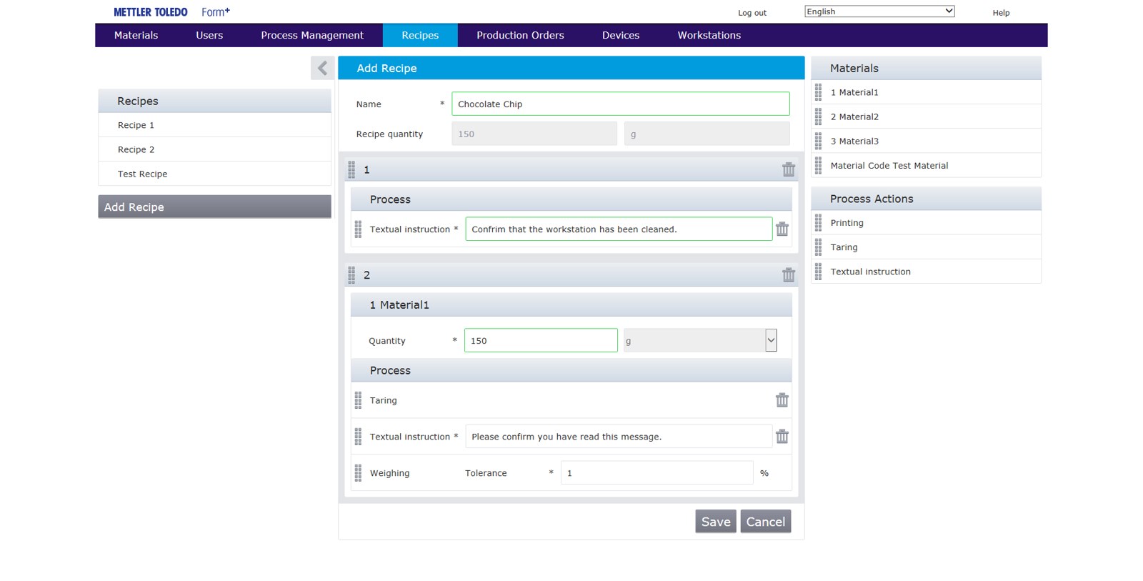 Early web-based Form+ recipe management screen