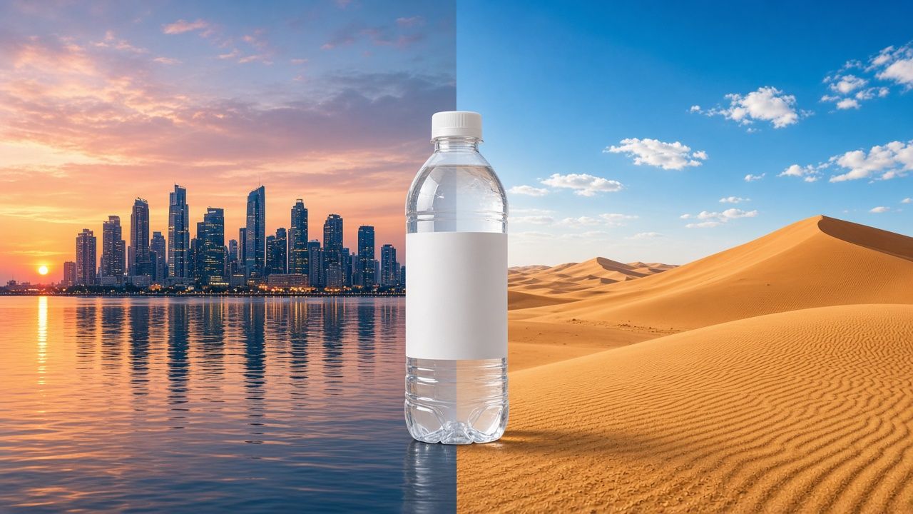 The same plain water bottle against a city skyline and a desert